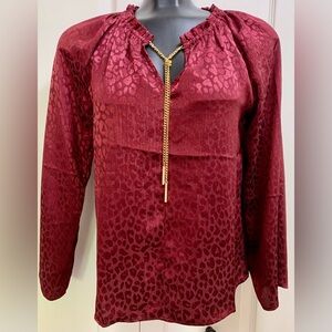 NWOT Leopard Cheetah Animal Burgundy Michael Kors Blouse Chain Keyhole P2P 19”